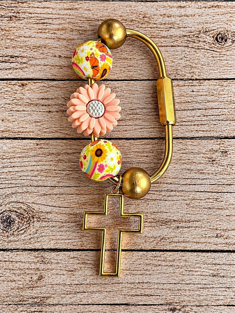 Floral Beaded Cross Purse Charm in Gold & Pink